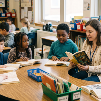 A teacher reads aloud from a chapter book to five elementary students gathered around a table with open books.