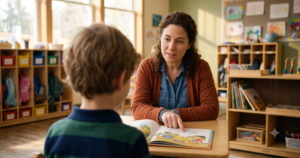Teacher pointing to a page in a picture book while discussing Tier 2 words with a young student in an elementary classroom