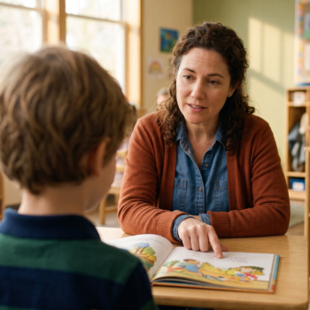 Teacher pointing to a page in a picture book while discussing Tier 2 words with a young student in an elementary classroom