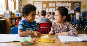 Two students discuss story idea word cards together during a vocabulary activities session at their desk.