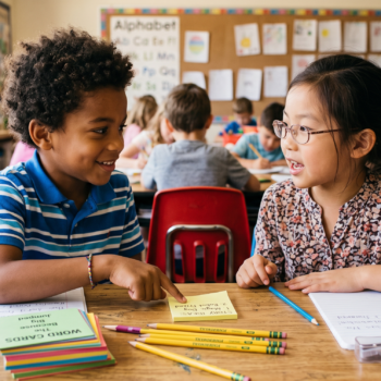 Two students discuss story idea word cards together during a vocabulary activities session at their desk.