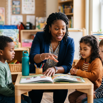 A teacher leads vocabulary instruction with three young students at a small table, pointing to a picture book illustration.