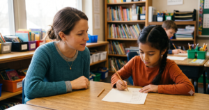 Teacher observing a student writing a vocabulary list on paper during a one-on-one vocabulary assessment in an elementary classroom