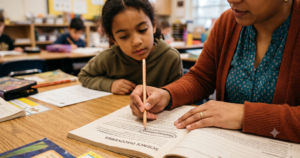 Teacher pointing to the word "photosynthesis" circled in a science textbook while a student looks on, illustrating how bound morphemes build complex words