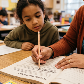 Teacher pointing to the word "photosynthesis" circled in a science textbook while a student looks on, illustrating how bound morphemes build complex words
