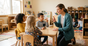 eacher using finger-counting gestures to teach phonemic awareness to a small group of preschoolers at a low table in an early childhood classroom