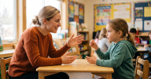 Teacher sitting face-to-face with a young student using hand gestures to teach phonological awareness at a small classroom table