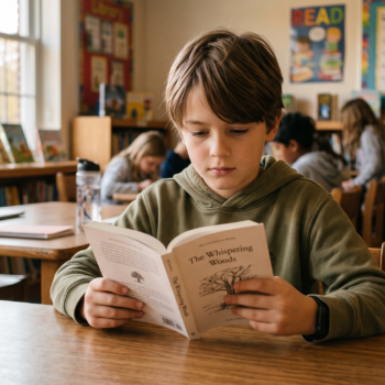Elementary student reading a chapter book independently at a classroom library table while classmates read in the background