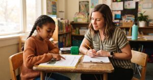 Teacher scoring a clipboard while a student reads aloud during an oral reading fluency assessment