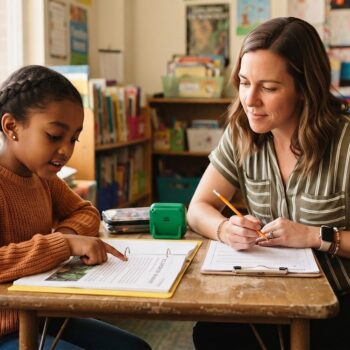 Teacher scoring a clipboard while a student reads aloud during an oral reading fluency assessment