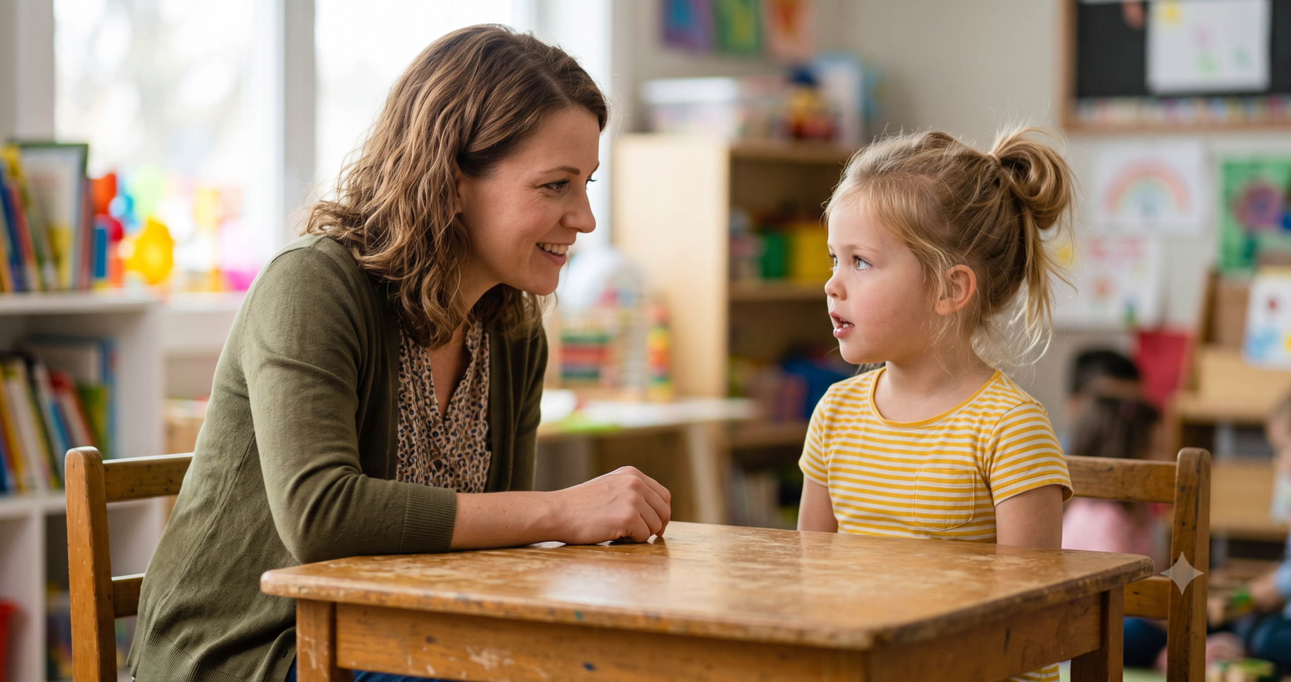 Teacher and young student sitting face-to-face at a small table practicing phoneme blending in a colorful early childhood classroom