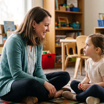 Teacher and young student sitting face-to-face on a classroom rug practicing phoneme isolation in a warm, book-filled early childhood classroom