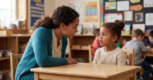 Teacher leaning in close to work on phoneme manipulation with a young student during a one-on-one oral language activity in an early childhood classroom