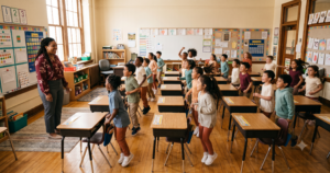 Elementary students playing phonemic awareness games with movement in a bright classroom