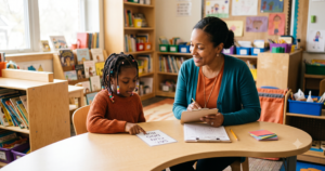 Teacher administering a phonics assessment one-on-one with an early elementary student reading CVC words aloud from a card