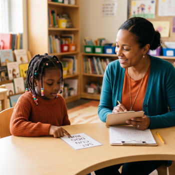 Teacher administering a phonics assessment one-on-one with an early elementary student reading CVC words aloud from a card