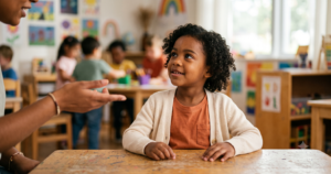 Young girl smiling at her teacher during a phonological awareness assessment at a classroom table