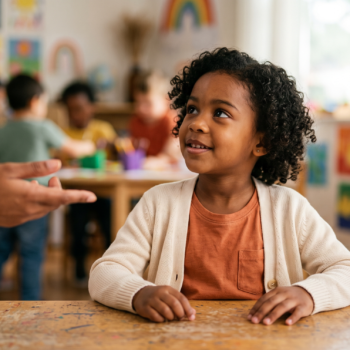 Young girl smiling at her teacher during a phonological awareness assessment at a classroom table