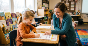 Teacher helping a young student fill in a story map reading comprehension graphic organizer at her desk