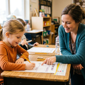 Teacher helping a young student fill in a story map reading comprehension graphic organizer at her desk