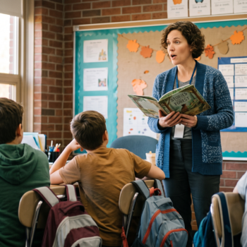 Teacher reading aloud a picture book to engaged upper elementary students as part of a reading comprehension lesson plan