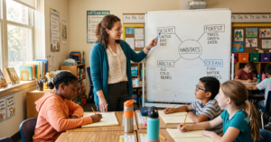 Elementary teacher points to a habitats vocabulary graphic organizer on a whiteboard while students take notes at their desks