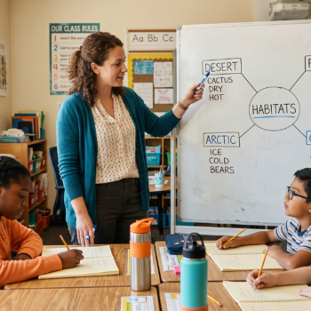 Elementary teacher points to a habitats vocabulary graphic organizer on a whiteboard while students take notes at their desks