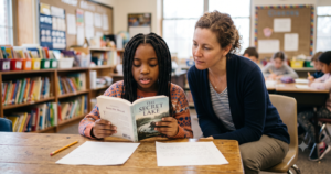 Teacher listening closely as an elementary student reads aloud from a chapter book at her desk in a classroom library setting