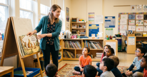 Teacher holding up a picture book during a whole language read-aloud with students seated on a classroom rug