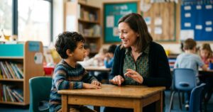 Teacher working one-on-one with a young student at his desk on an oral phonemic awareness activity while classmates work independently in the background