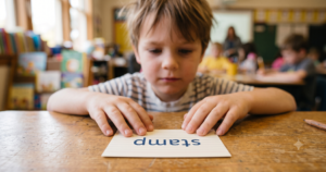 Young student focusing intently on a word card showing "stamp" during a phonics activity at his classroom desk