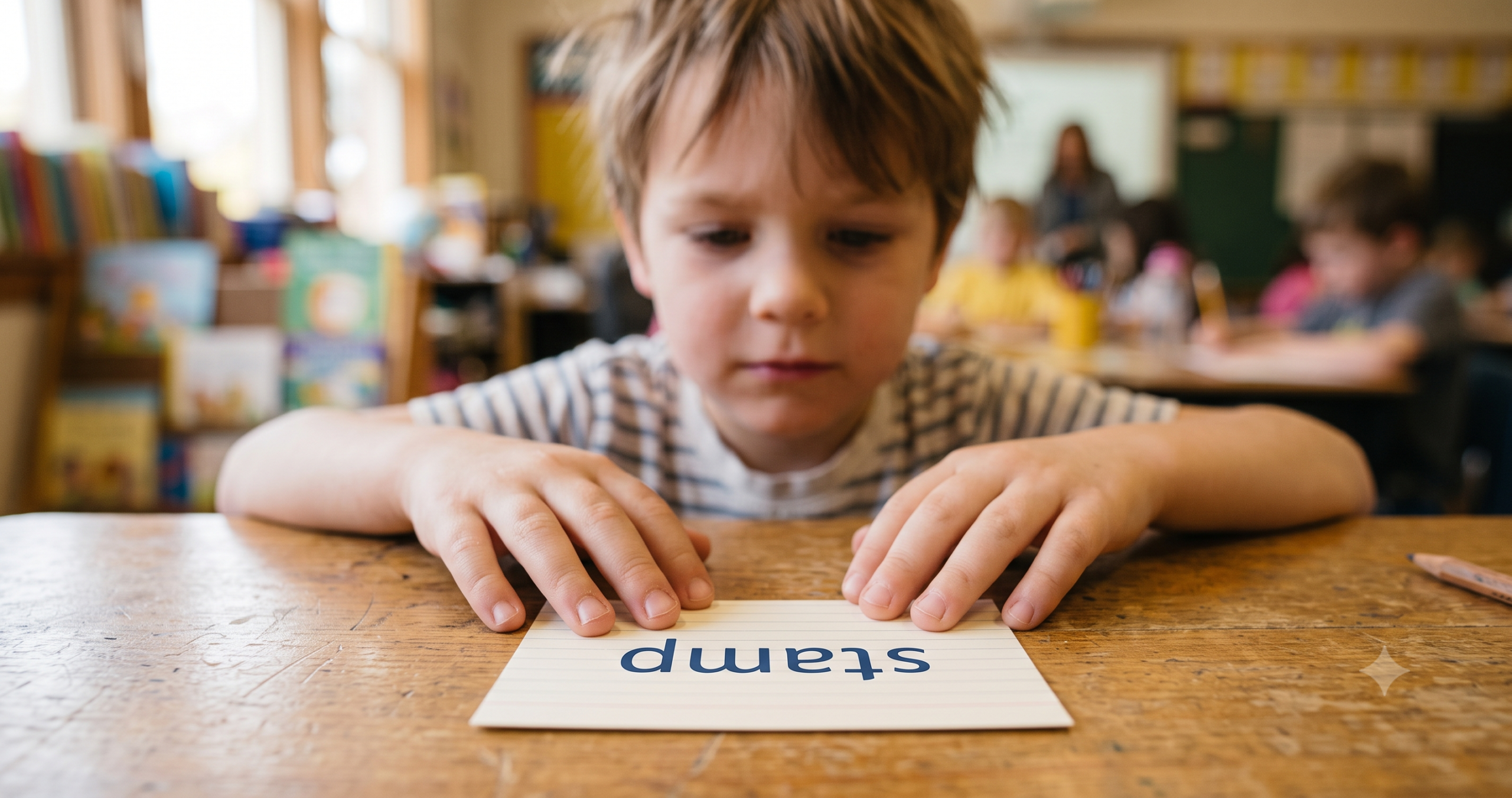 Young student focusing intently on a word card showing "stamp" during a phonics activity at his classroom desk