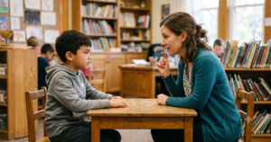 Teacher working one-on-one with an elementary student on phonological awareness skills at a small table in a school library