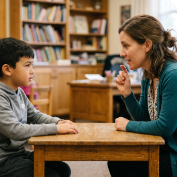Teacher working one-on-one with an elementary student on phonological awareness skills at a small table in a school library