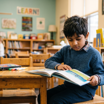 Elementary student reading an illustrated book independently at a classroom desk surrounded by bookshelves, illustrating why reading comprehension is important