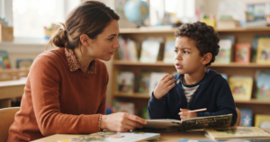A teacher nurturing word consciousness by engaging a curious young student in a close reading conversation over a picture book