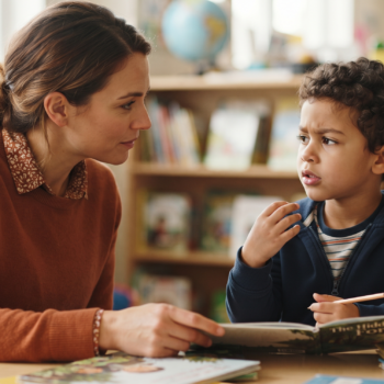 A teacher nurturing word consciousness by engaging a curious young student in a close reading conversation over a picture book